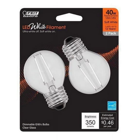 G16.5 E26 Medium Filament LED Bulb, Soft White - 40W Equivalence - Pack of 2