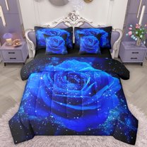 Homewish Romantic Valentine'S Day 7-Piece Bedding Comforter Set,Blue Rose Full Bedding Set,Chic Sparking Print Fitted Sheet Flat Sheet For Adult,Super Cozy Room Decor Reversible
