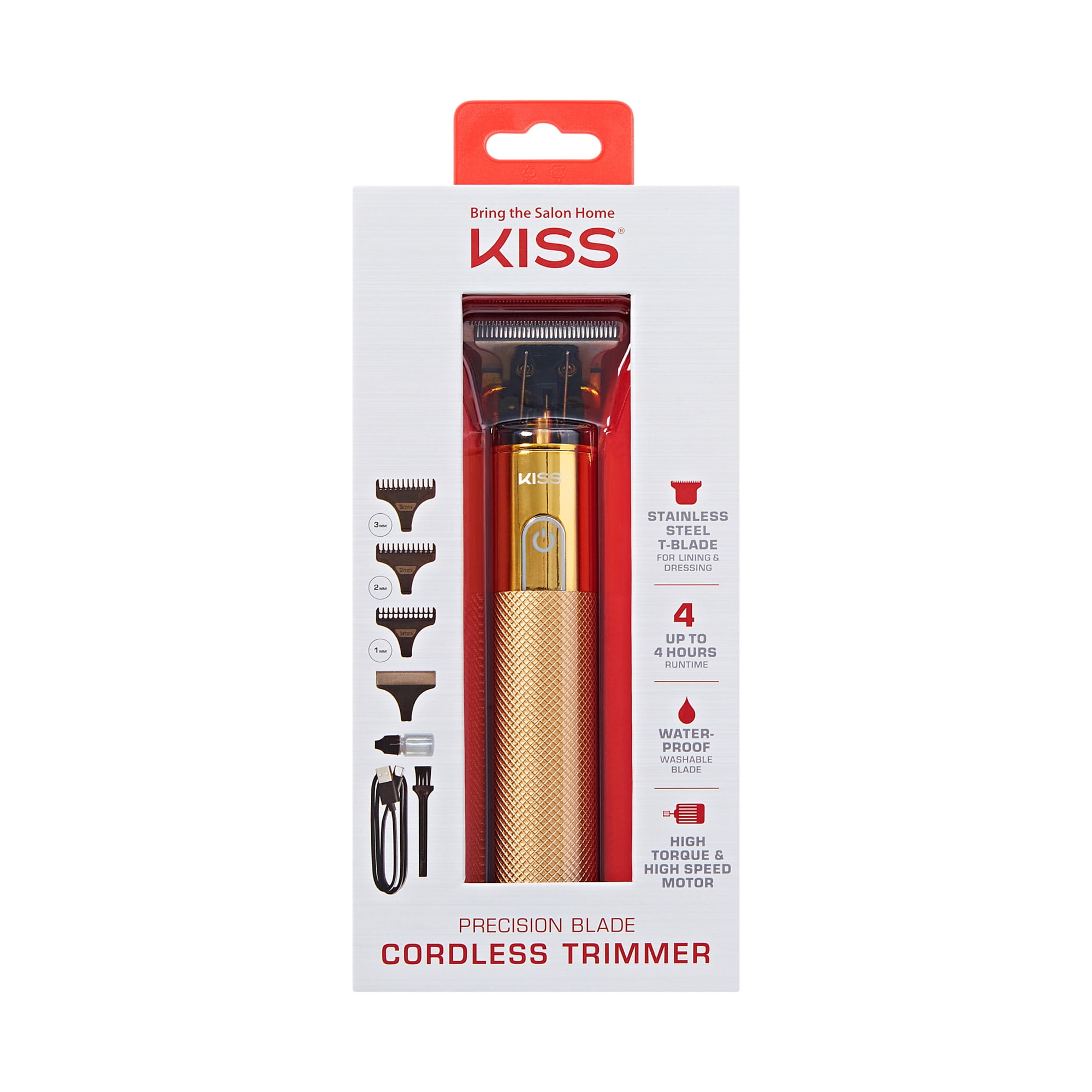 Kiss Precision Blade Cordless Hair Trimmer, Stainless Steel T-Blade, High-Speed Motor, Gold, 8 Pieces