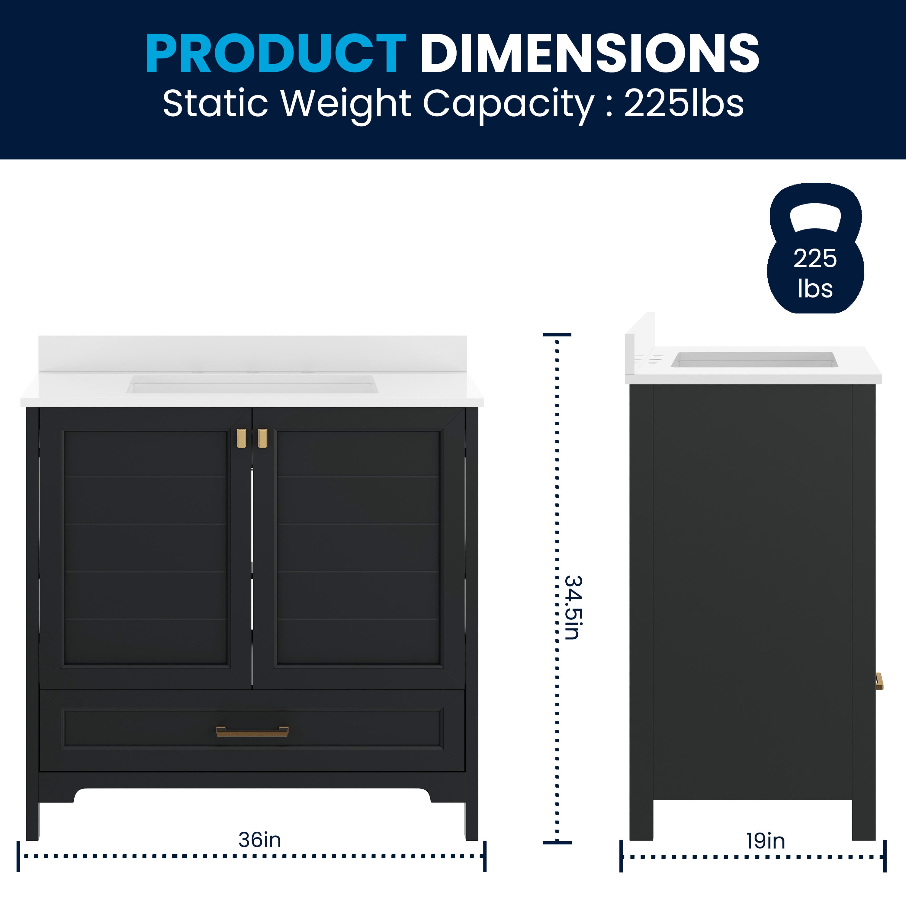 Flash Furniture Haven 36" Bathroom Vanity with Sink and Storage Cabinet Black/Gold (FSBN436KDBKHGD)