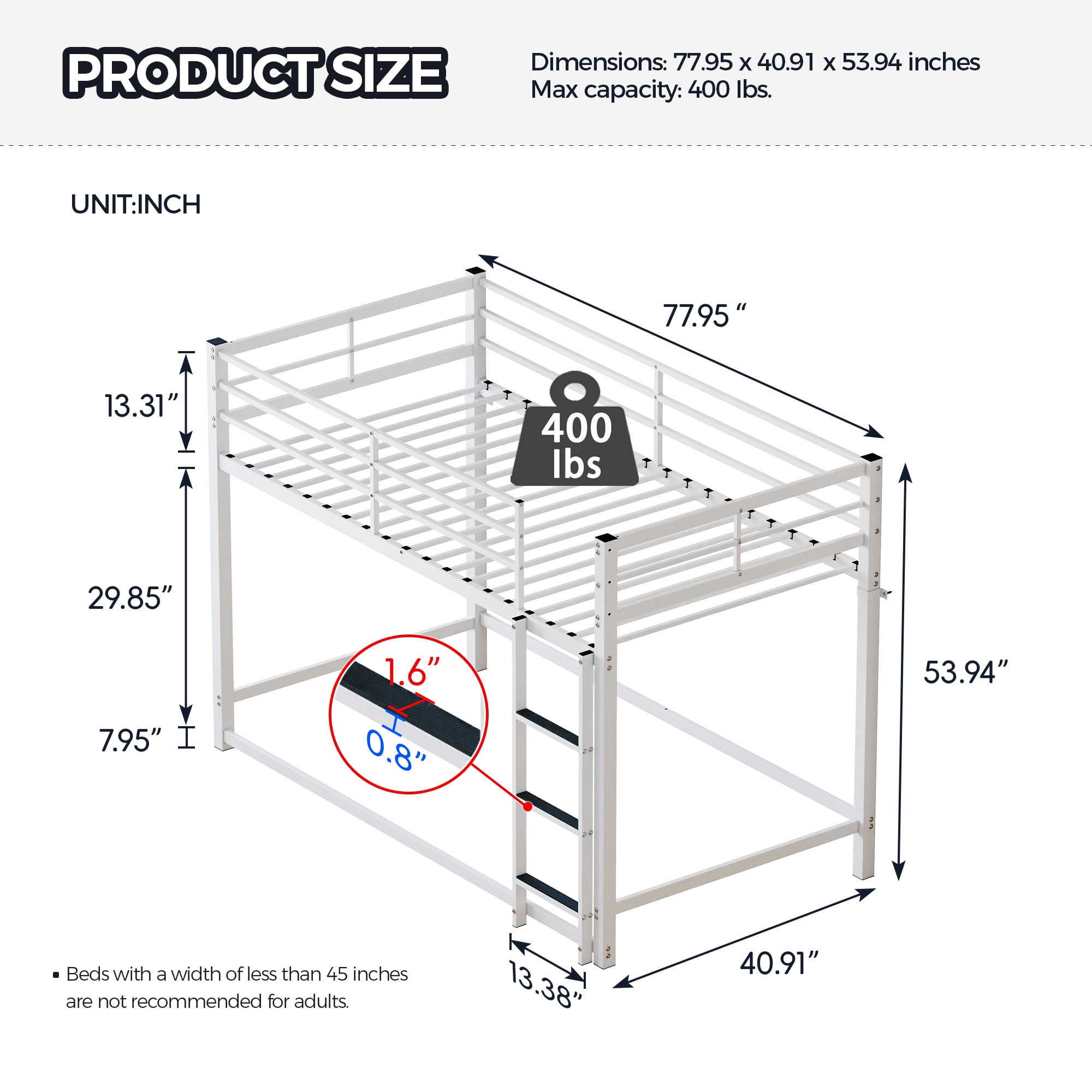 MAYEERTY Twin Over Twin Metal Bunk Bed, Low Profile Heavy Duty Bed Frame with Ladder and Guardrail