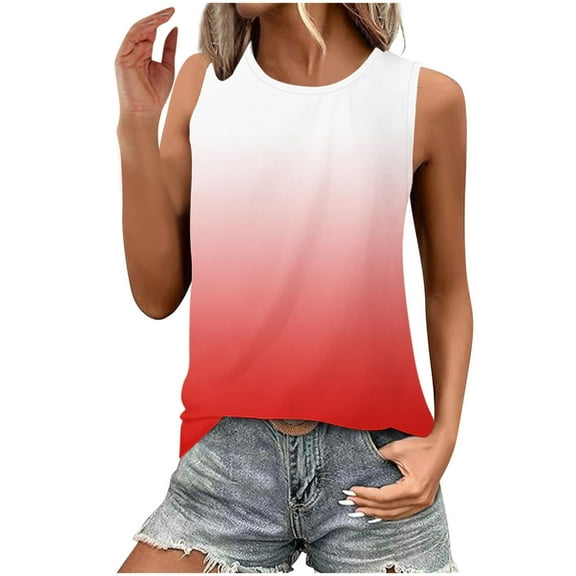 ABATAB Tank Top for Women Round Neck Sleeveless Summer Casual Loose Trendy Gradient Basic Shirt Blouses