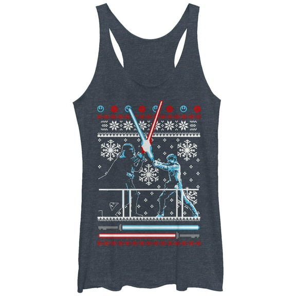 Women's Star Wars Ugly Christmas Duel Racerback Tank Top Navy Blue Heather X Large