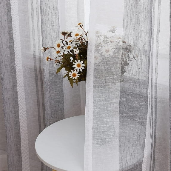 Sheer Curtains Long for Living Room Bedroom, Bathroom Curtain Window Grommet Voile Drapes, Stripe Farmhouse Curtains Faux Linen Window Treatments Curtain,Dark Grey, 52"X95",2 Panels