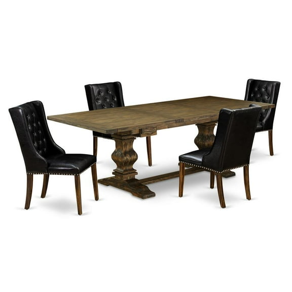 East West Furniture LAFO5-77-49 5-Pc Kitchen Dining Room Set Includes 1 Butterfly Leaf Double Pedestal Table and 4 Black Linen Fabric Dining Chair with Button Tufted Back - Distressed Jacobean Finish