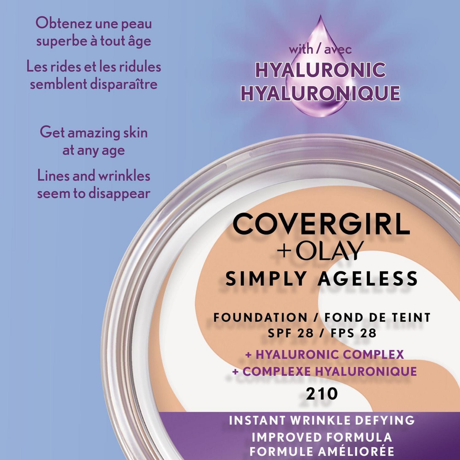 COVERGIRL Fond de teint Simply Ageless Instant Wrinkle Defying avec complexe hyaluronique, vitamine C et niacinamide - SPF 28, 100% Sans Cruauté Fonds de teint avec Complexe Hyaluronique