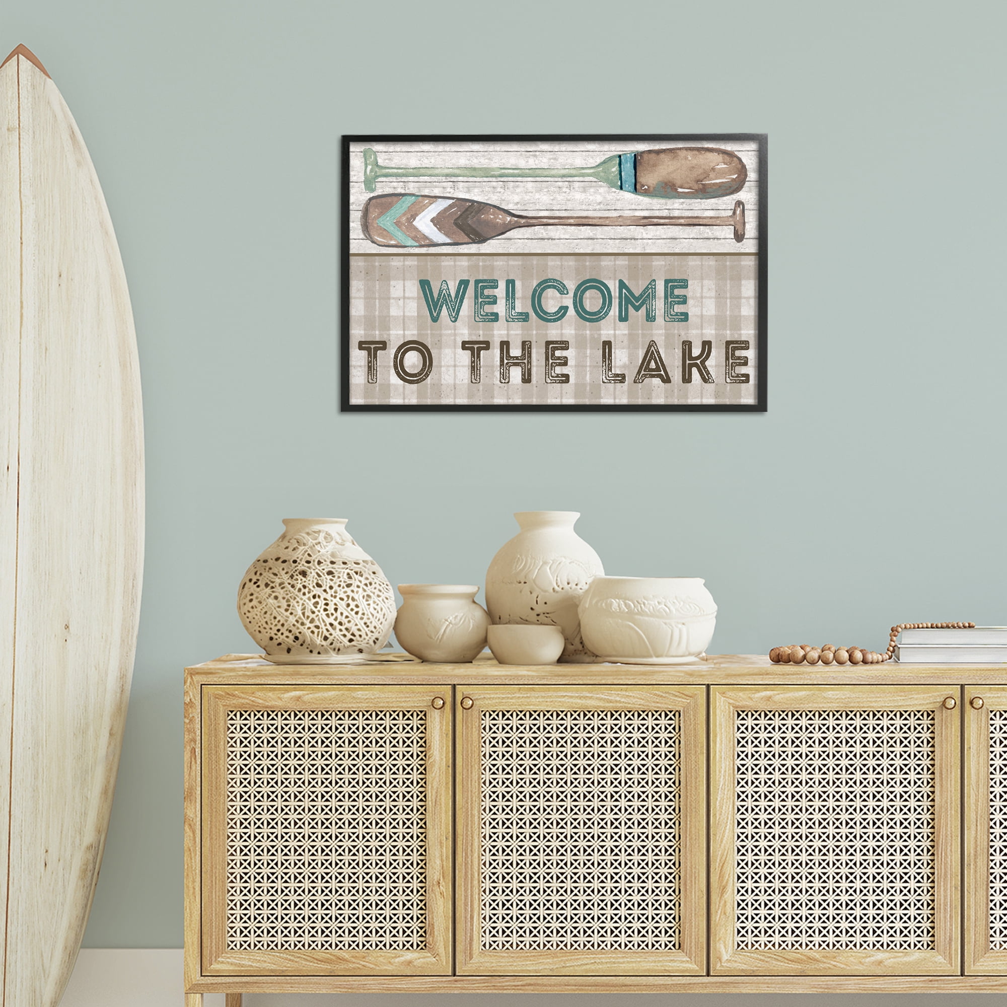 Stupell Industries Rustic Welcome Lake Oars Typography Painting Black Framed Art Print Wall Art, 30 x 20