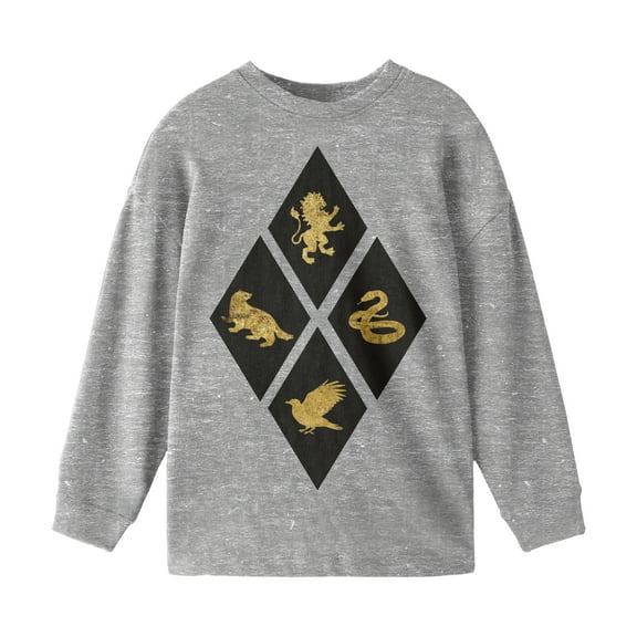 Harry Potter Hogwarts Houses Diamond Screen Print Youth Boys Heather Grey Long Sleeve Shirt- M