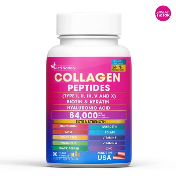 Nutri Nation Collagen Peptide Capsules for Skin, Hair, Nails, Type I, II, III, V & X, 90 Count
