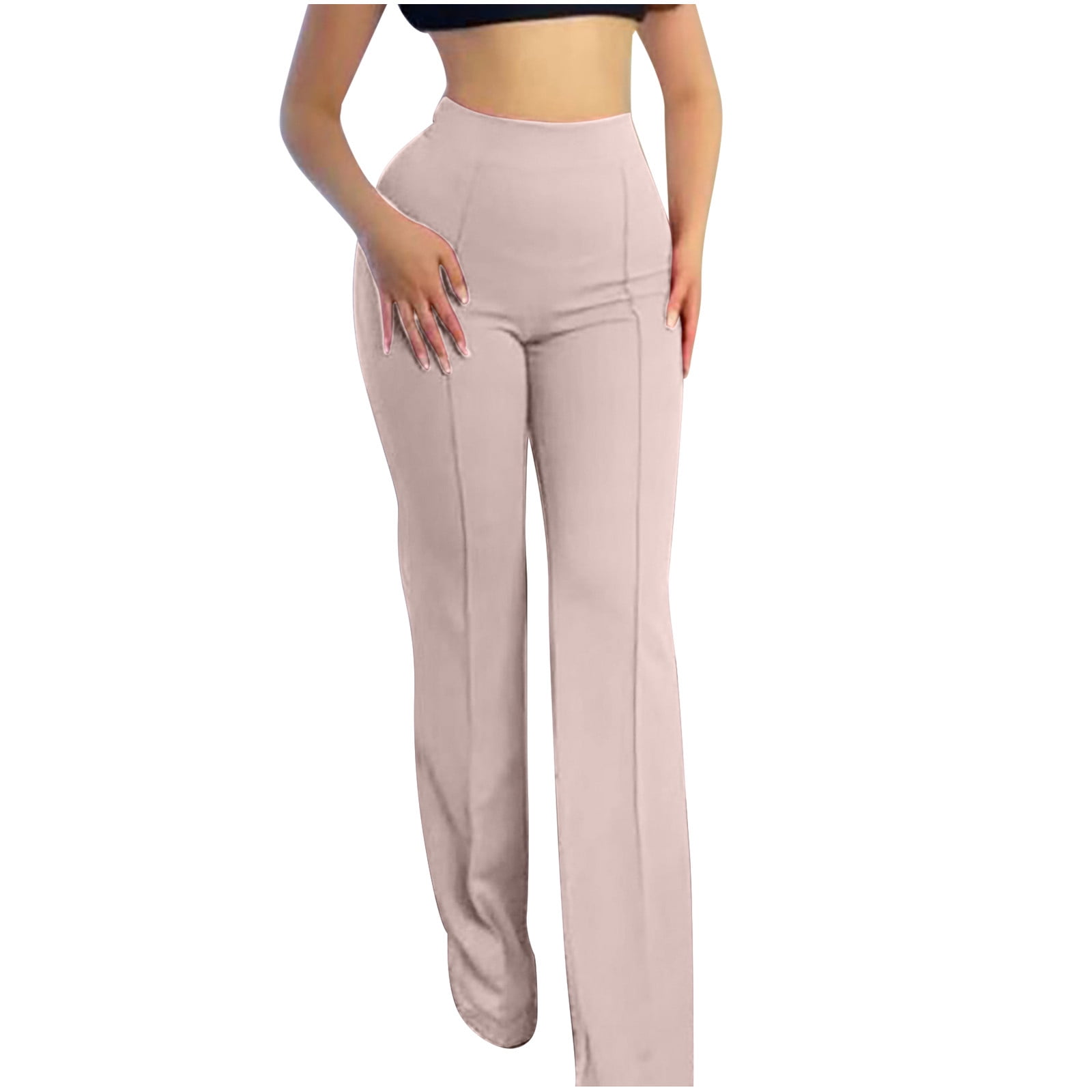 Womens Stretch Pull On Dressy Pants Pure Color High Waisted Flare