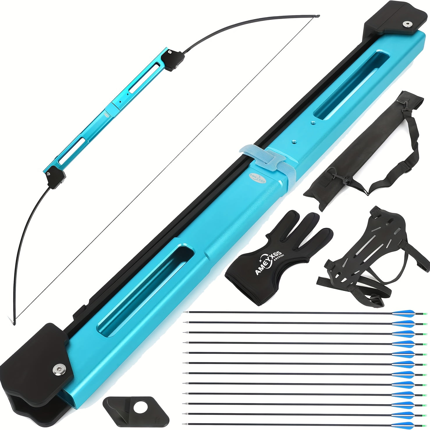 55-inch foldable bow and arrow set with 35-pound aluminum alloy riser, designed for both right- and left-handed archery practice.