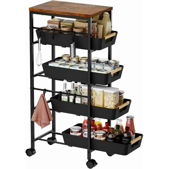 JDNRXO 5-Tier Slim Storage Cart with Wooden Top, 4 Pull-Out ABS Baskets & 6 Hooks, Narrow Rolling Organizer for Kitchen, Bathroom, Laundry, Black (14.37"L x 8.07"W x 32.28"H)