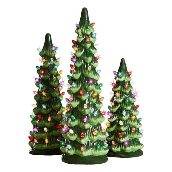 Ceramic Christmas Trees, Pre-Lit Hand-Painted Tabletop Holiday Decoration w/Multicolor Bulbs, LED Lights – Green