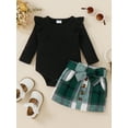 thumbnail image 2 of Arvbitana Baby Girls Skirt Sets Long Sleeve Knitted Ruffle Solid Color Romper +  Plaid Skirt with Belt Autumn Winter Warm Outfit for Infant 2Pcs 0-18M, 2 of 9