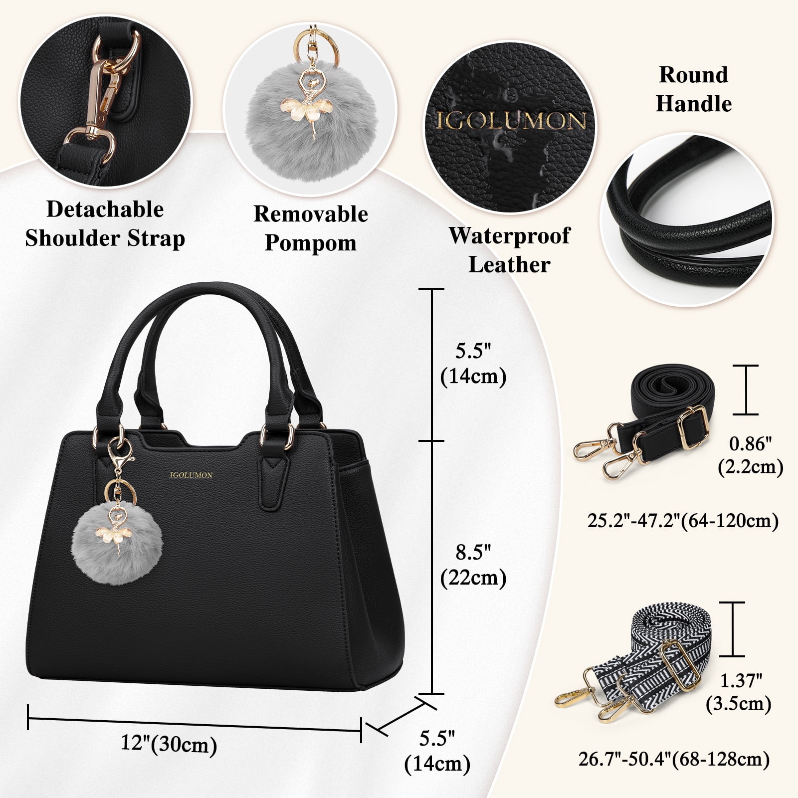 Women's Top Handle Handbag Classic Small Crossbody Bag Leather Tote Purse with Cute Pompom Designer Hobo Purse, Black