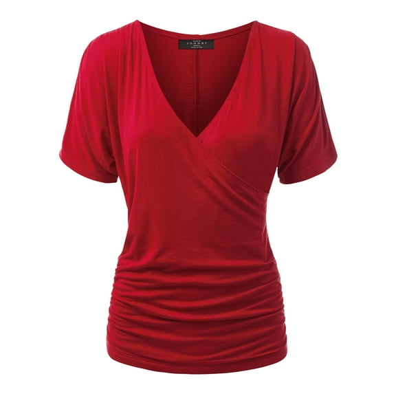 Made by Johnny Women's V Neck Short Sleeve Wrap Front Drape Dolman Top L RED