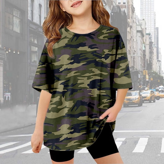Girls T Shirts Children Print Short Sleeve Crewneck Breathable Top Girls Tops Army Green 5-6 Years