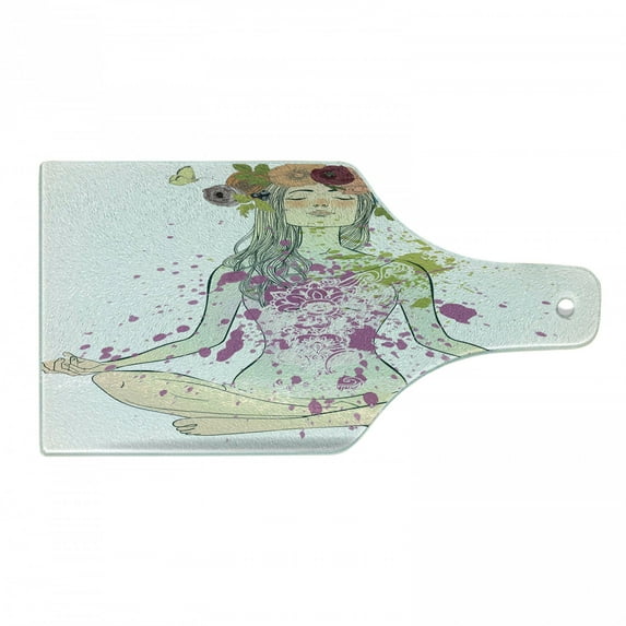 Yoga Cutting Board, Girl Floral Wreath Sitting in Lotus Pose Color Splashes Levitation, Decorative Tempered Glass Cutting and Serving Board, Wine Bottle Shape, Multicolor, by Ambesonne
