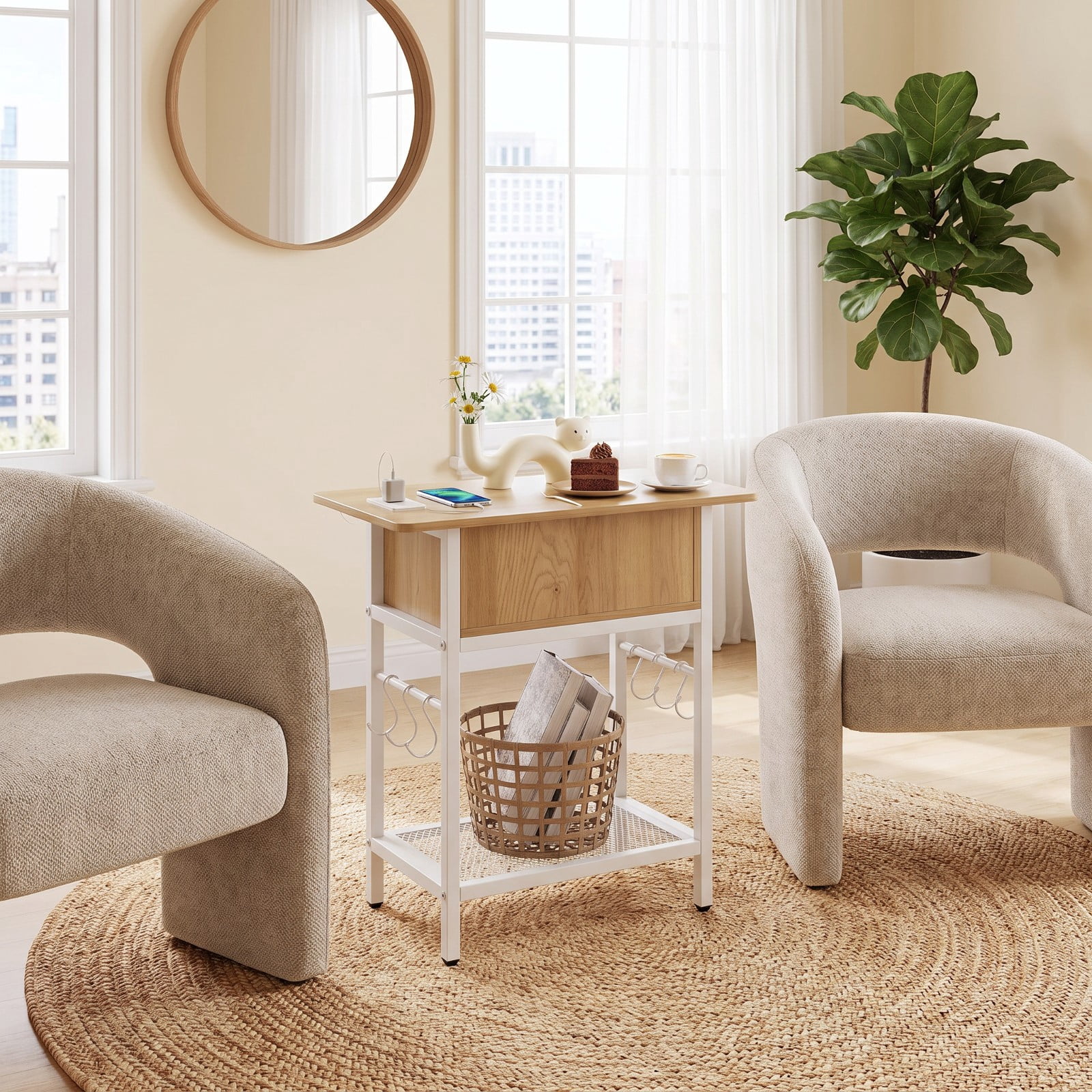 Furnibear End Table with Charging Station USB Ports Outlets and Flip Top Hidden Compartment for Living Room Bedroom and Sofa Side, Natural