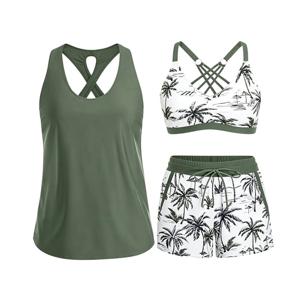 tankini swimsuits for women 3 Piece Tummy Control Cutout Back Tankini Bathing Suit With Crisscross Padded Bra And Floral Print Pocket Boyshorts