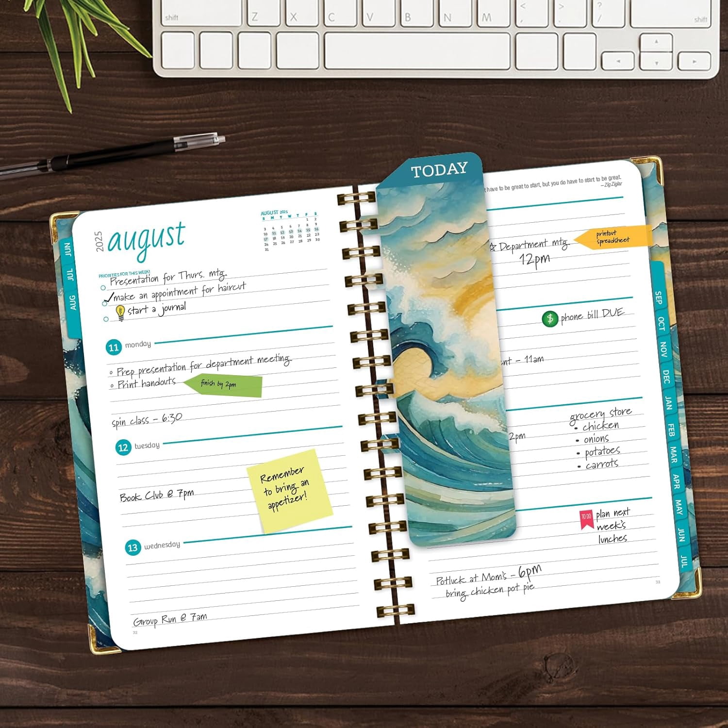 Academic Planner 2025-2026, Daily Weekly Monthly Yearly Planner, June 2025 - July 2026, 14 months, 5.5"x8", Bookmark, Pocket Folder and Sticky Note Set (Ocean Waves)