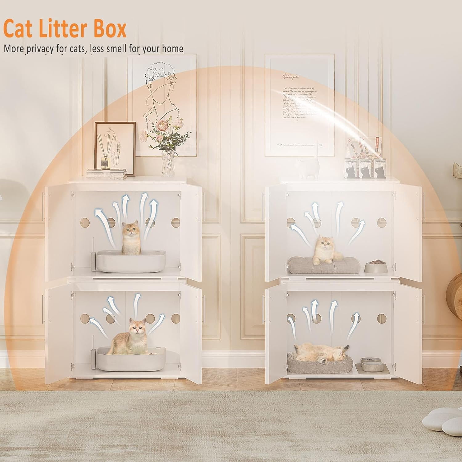 Garvee Cat Litter Box Enclosure, Hidden Cat Litter Box Cabinet with Double Doors, Ventilation, and Cushion Pads, Farmhouse Wooden Kitty Furniture for Cats and Small Pets, White