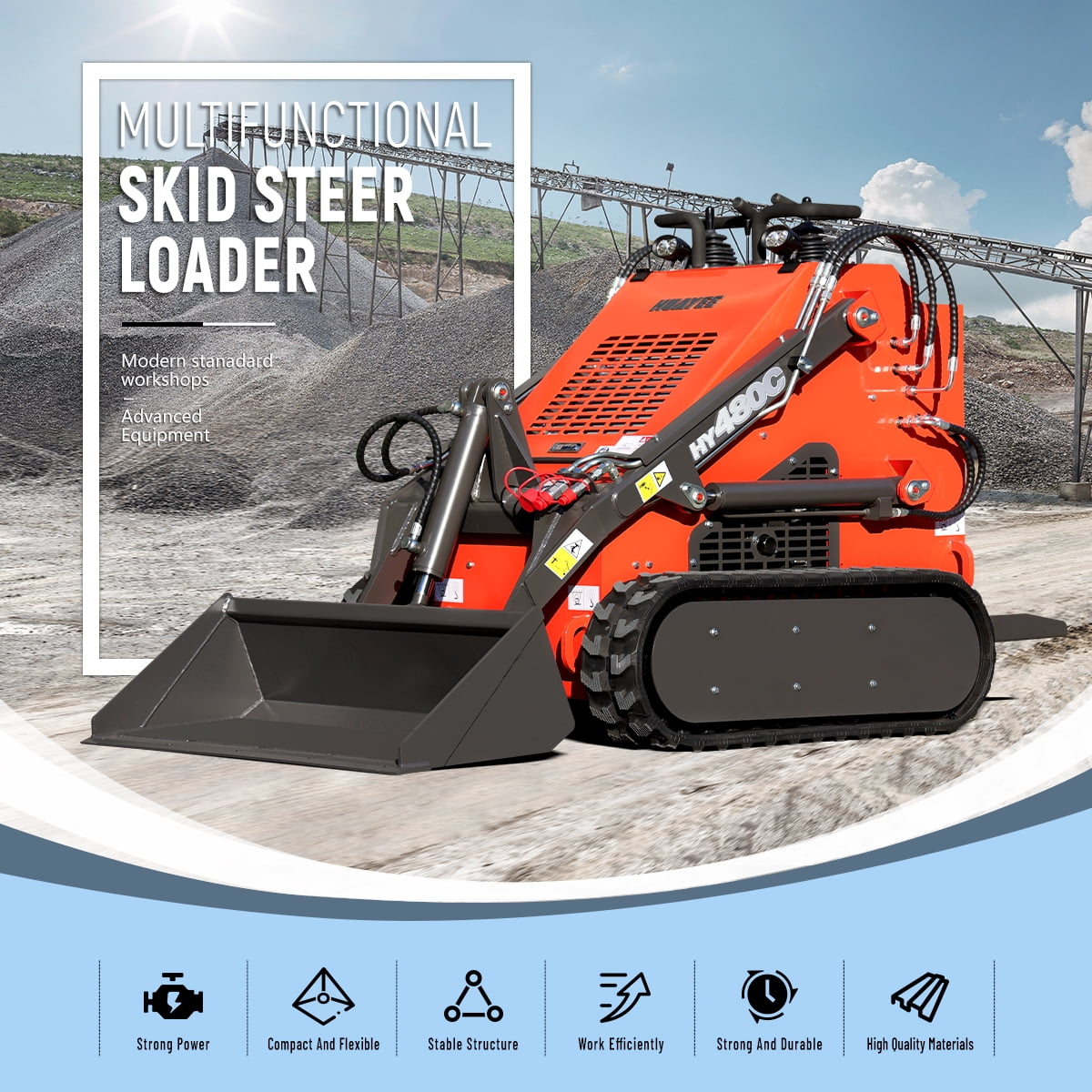 HUAYEE HY480C Mini Skid Steer Loader 23HP V-Twin Gas Engine - Tracked, Stand-On, Triple Pump Triple Valve - w/ Log Grapple & Delivery/Unloading Included