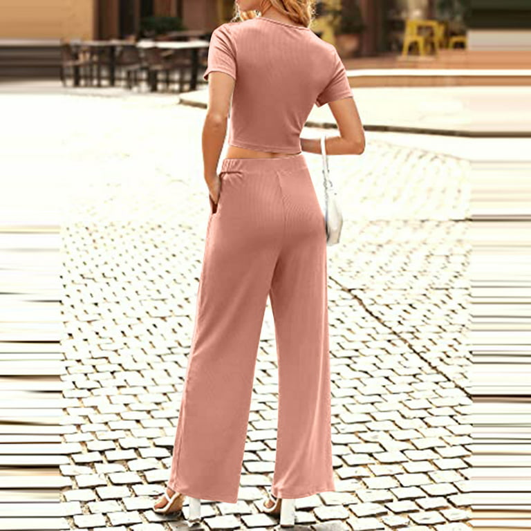 Womens Summer 2023 Two Piece Casual Outfits Ribbed Knit Short Sleeve Crop  Tops Wide Leg Palazzo Pants with Pockets 