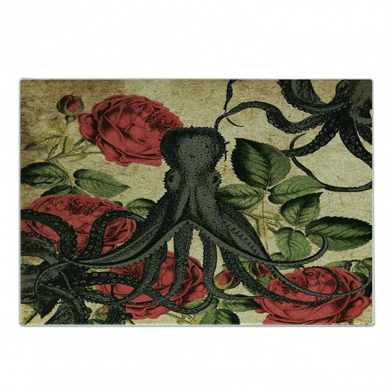 Octopus Cutting Board, Nostalgic Arrangement with Blossoming Roses and Marine Animal, Decorative Tempered Glass Cutting and Serving Board, Small Size, Brown Charcoal Grey, by Ambesonne