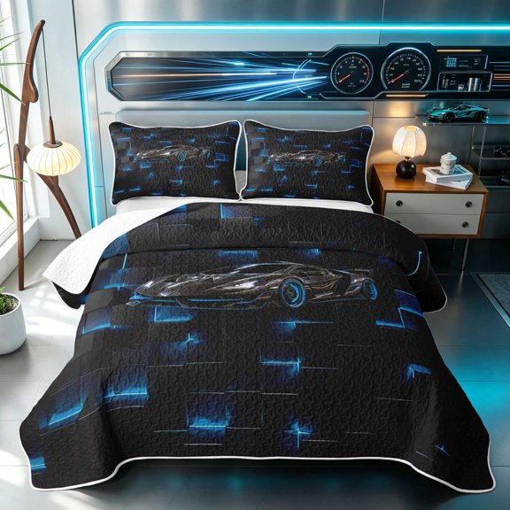 Erosebridal Sports Car Twin Quilt Set, 3D Geometric Twin Coverlet Set, Blue Cyan 2 Pieces 1 Bedspread and 1 Pillowcase