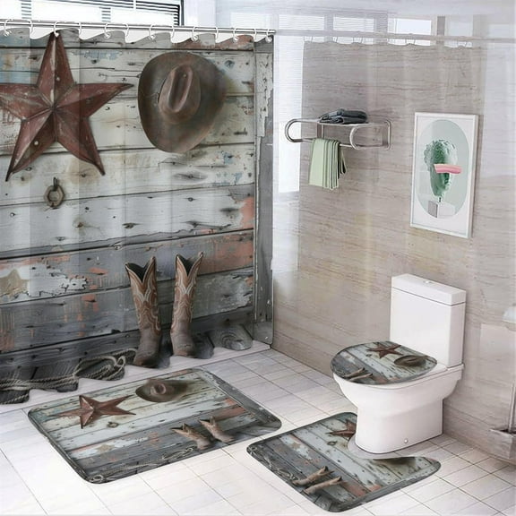 Abstract Farmhouse Wood Boards Shower Curtain set Vintage Western Cowboy Farm American Texas Star Prints Bathroom Shower Curtain Set with Hooks