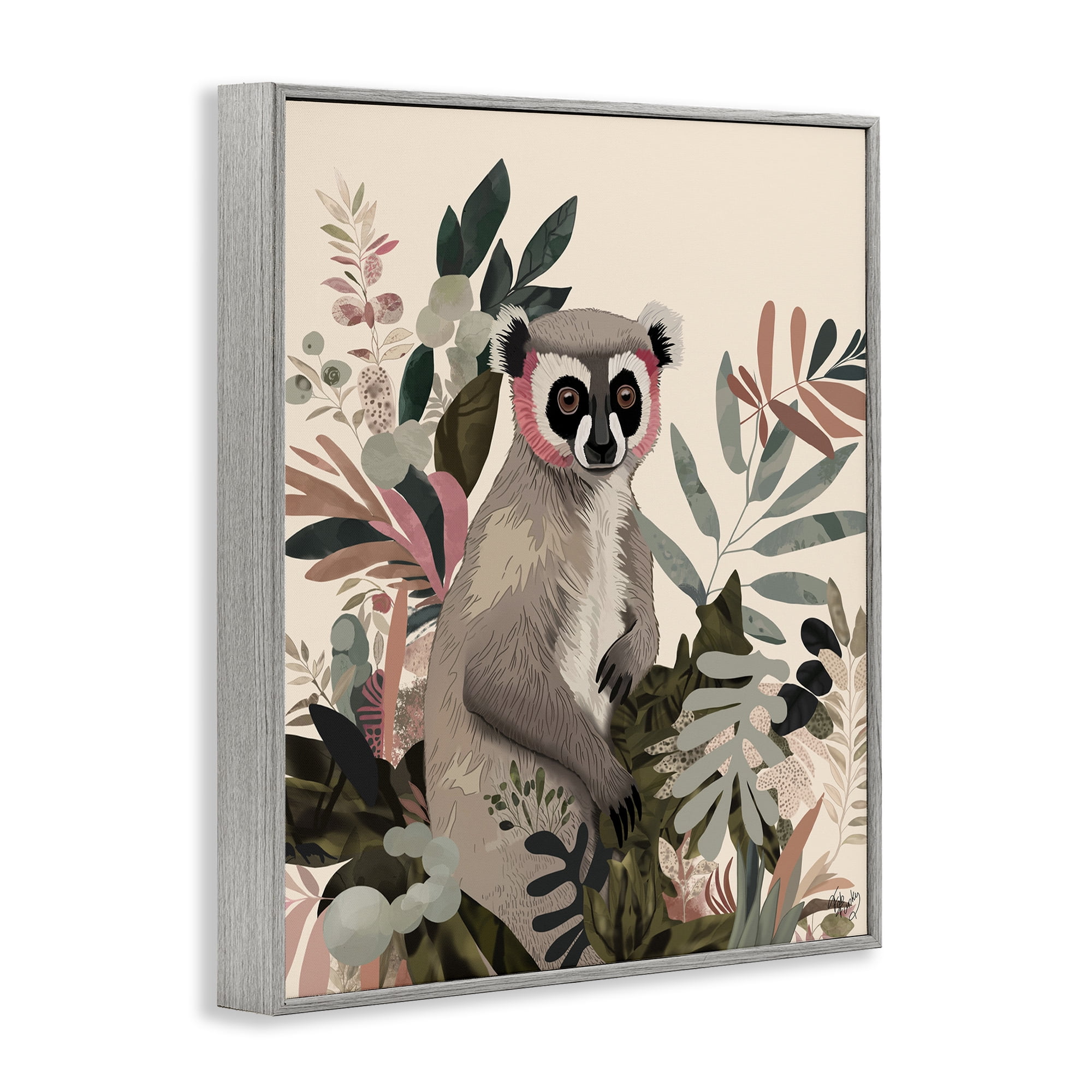 Stupell Industries Lemur in Tropical Tree Animals & Insects Painting Gray Framed Art Print Wall Art, 24 x 30