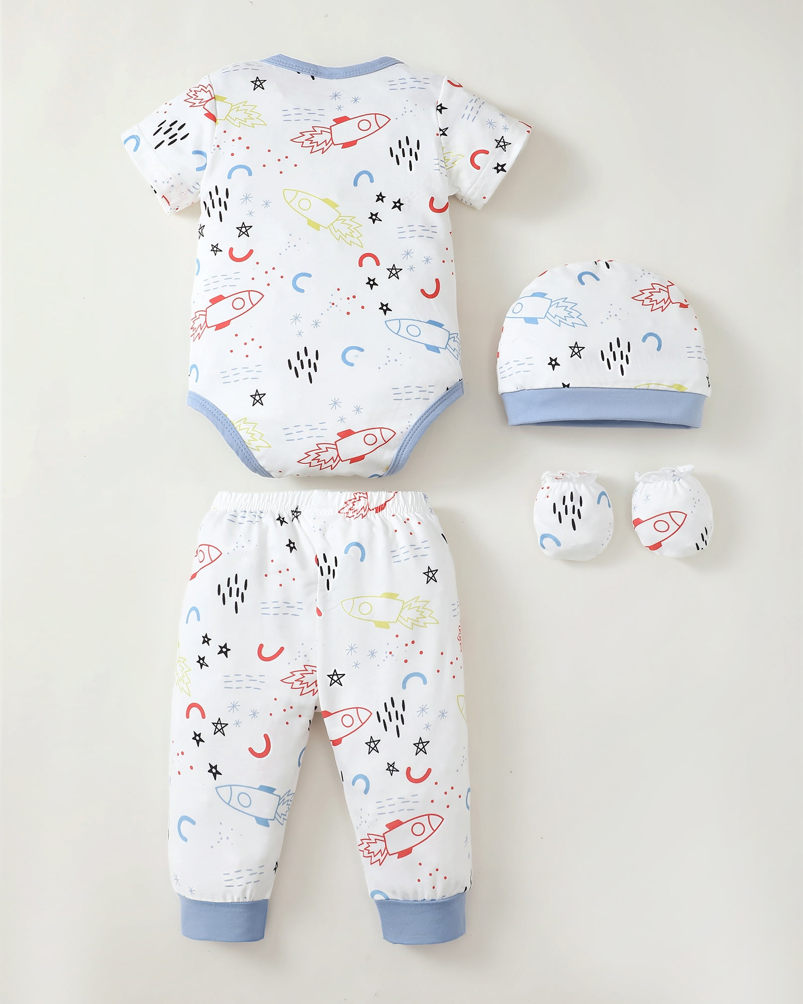 KIMI BEAR Newborn Baby Boys Outfits Sets 4 Packs 0-3 Months Summer Clothes Sets Short Sleeves Romper Top Elastic Pants with Hats and Gloves 16pcs Layette Essentials Blue