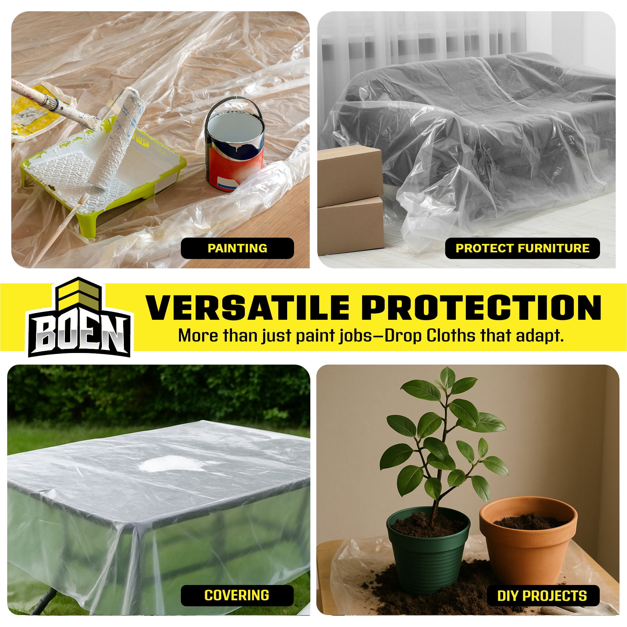 BOEN 10 ft x 25 ft Plastic Drop Cloth, 12-Pack, 3 Mil Thick, Waterproof, Disposable