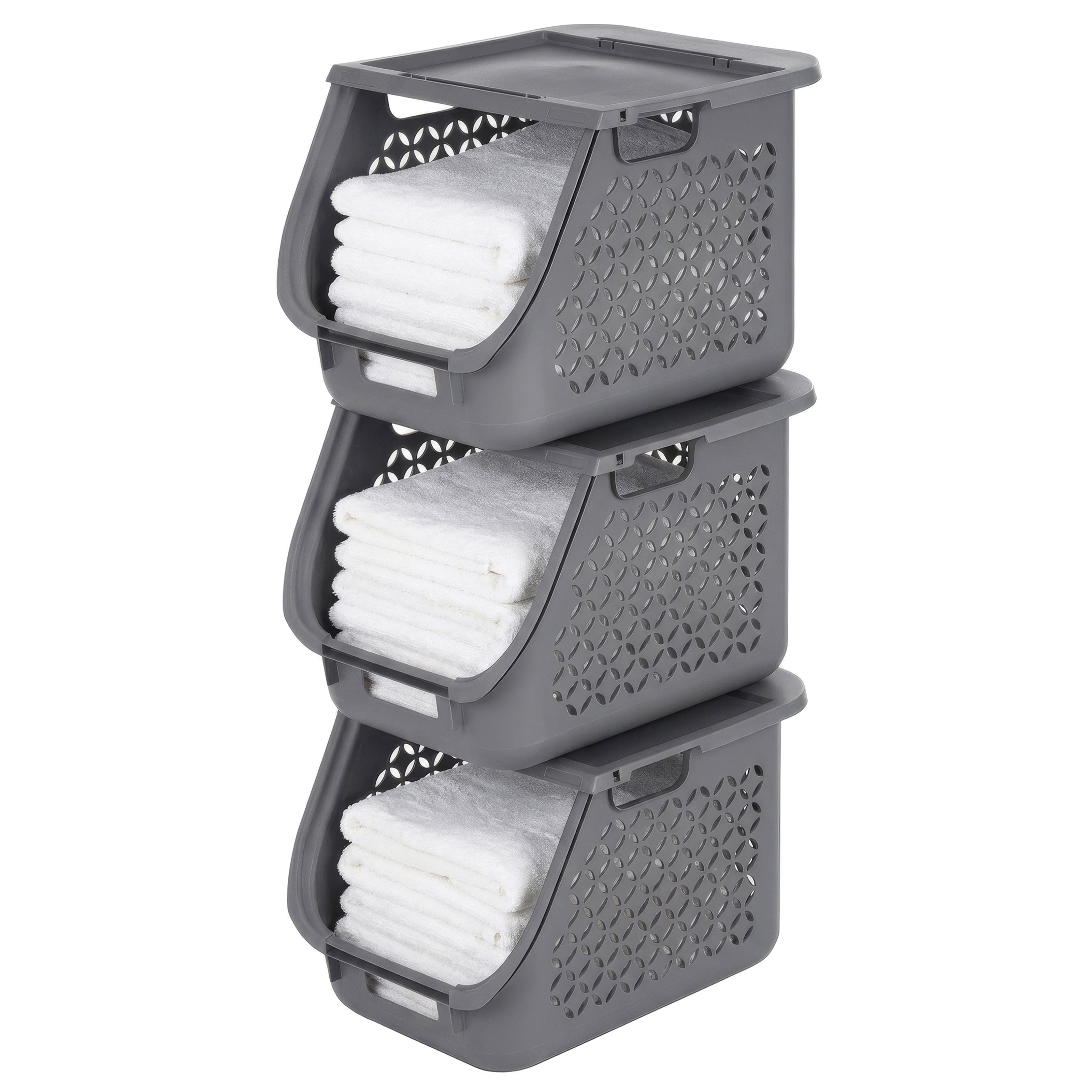 IRIS,1.33bu Stacking Laundry Basket Gray 3PK  - 47 Liter