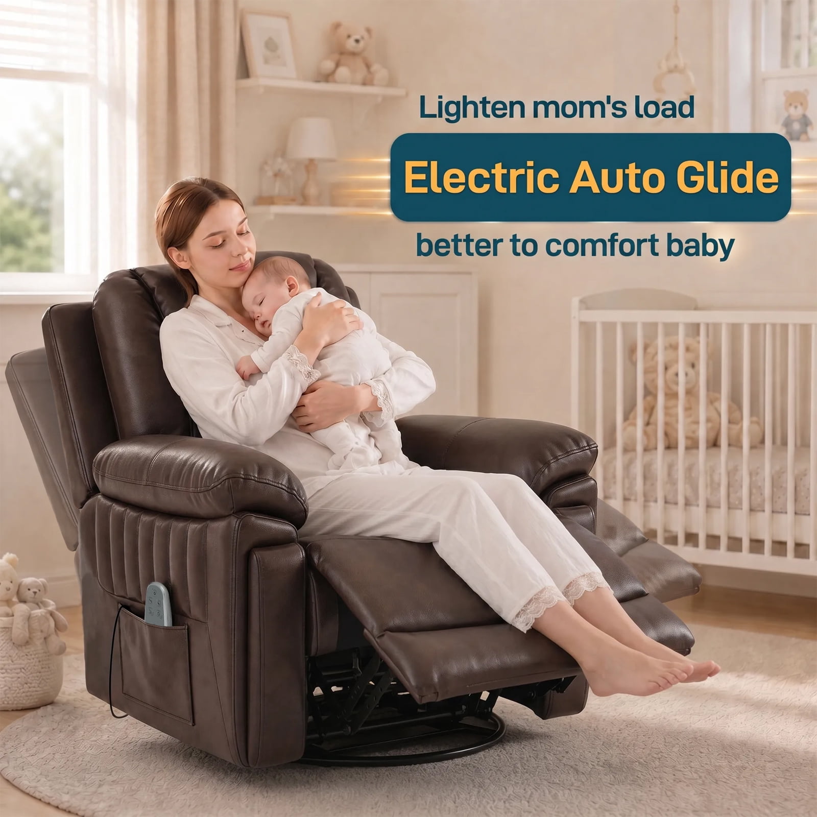 Pmango Electric Automatic Rocking Recliner Chair for Adults with 3 Speeds, Wired Remote Control, Power Auto Rocking Recliner, 5-15 Minutes Rocking Timer Function, for Living Room, Nursery, Brown