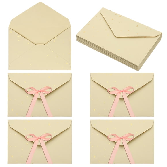 Uxcell 20 Pack Greeting Card Envelopes with Ribbon Bow, 6.4" x 4.5" Tiny Items Storage Vintage Cute Present Card Holder for Wedding Greeting Party Postcards, Beige