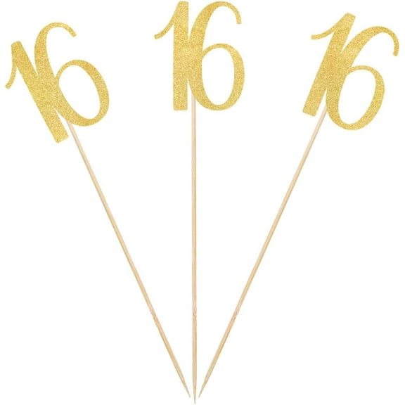 Gold Glitter 16th Birthday Centerpiece Sticks, 12-Pack Number 16 Table Topper Anniversary Party Decorations