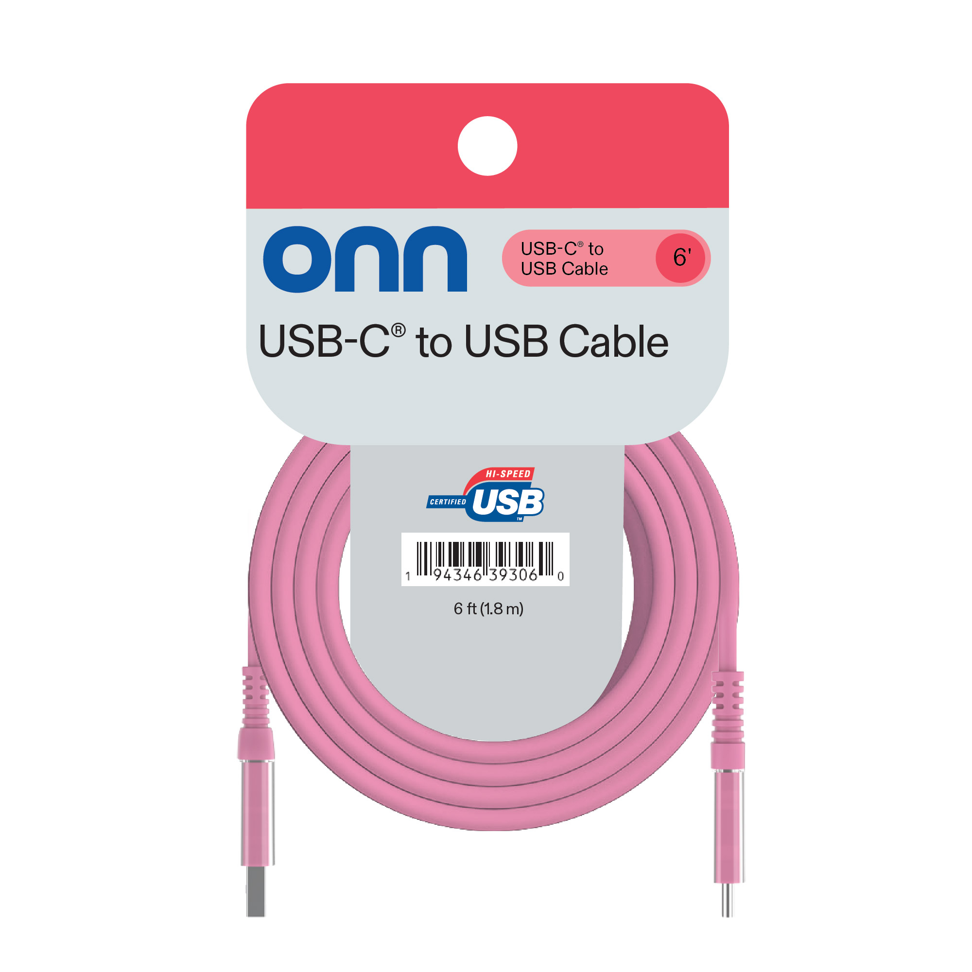 Cable de carga onn de 6 pies USB-C a USB-A, certificado USB-IF, rosa - Compatible con iPhone serie 16, iPhone serie 15, Samsung Galaxy, Note, dispositivos Pixel, iPad Pro y más 6