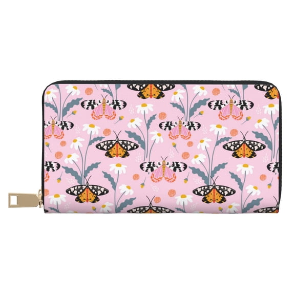 Leather Thin Slim Wallets for Women Men - Pink Butterfly Daisy Clutch Card Wallet for Women Men with Zipper