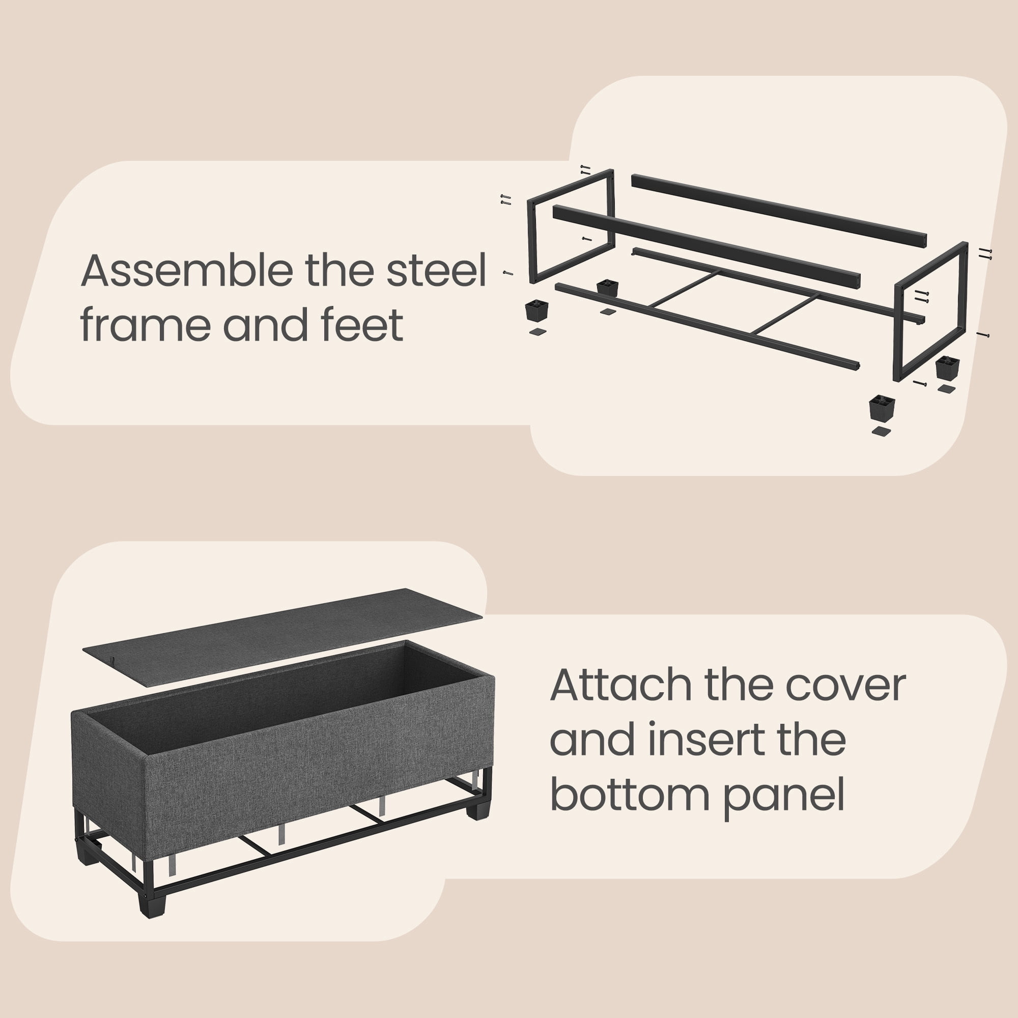 Ledrem Dark Gray Tufted Storage Ottoman Bench, 43" End of Bed Bench with Lift-Off Lid, 660lb Capacity