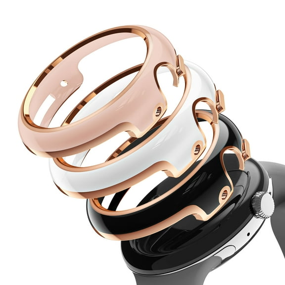 Fintie 3 Pack Hard PC Cases for Google Pixel Watch, Premium Watch Accessories Bumber Case Cover Shell (Without Screen Protector) Shock Proof, White Pink Black