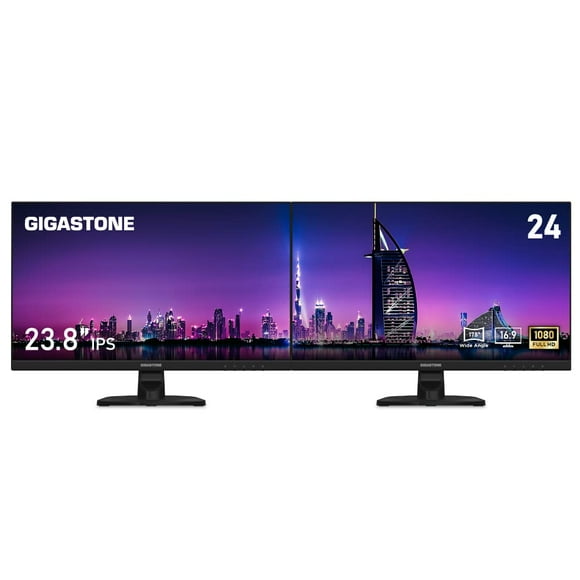 Gigastone 24 inch IPS LED Back Light Monitor 2-Pack 75Hz FHD 1920 x 1080, 178 Wide View Frameless, Dual Monitor, 5ms, Built-in Speakers, Eye Care Technology, Ergonomic Tilt VESA Mount, HDMI VGA