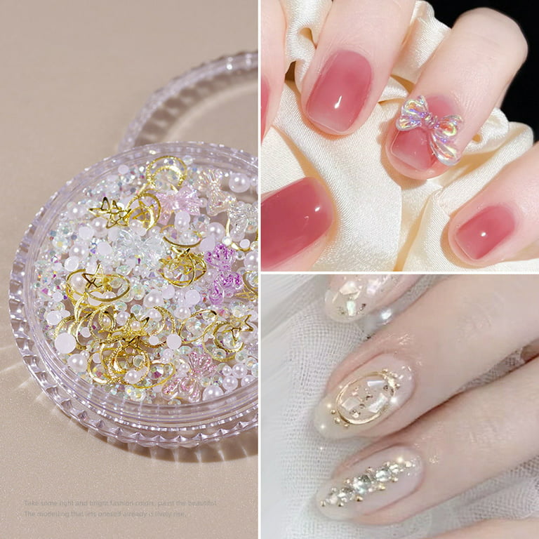 Pink Nails Rhinestones Crystal Decoration Shiny Bowknot Heart