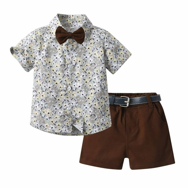 Birdeem Ensemble d'Été pour Enfants Garçons Chemise à Manches Courtes avec Col et Short avec Ceinture et Cravate