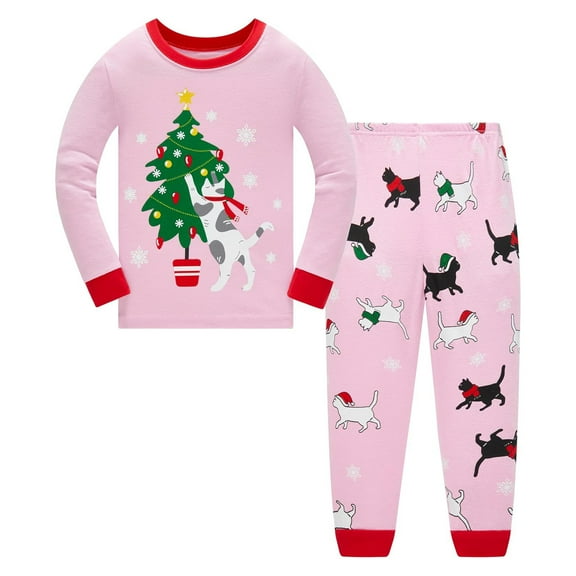 Toddler Boys Clothes Set Long Sleeve Christmas Tree Cartoon Pattern Print Tops and Pants 2 Piece Sleepwear Clothes Set Size 2-3T ,Pink