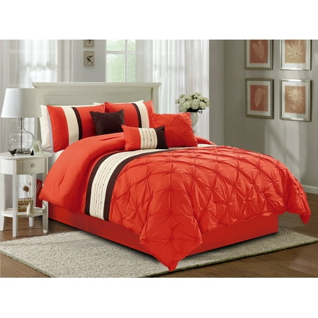 7-Pc Jem Diamond Floral Pintucked Pinched Ruched Ruffled Embroidery Comforter Set Orange Brown Ivory King
