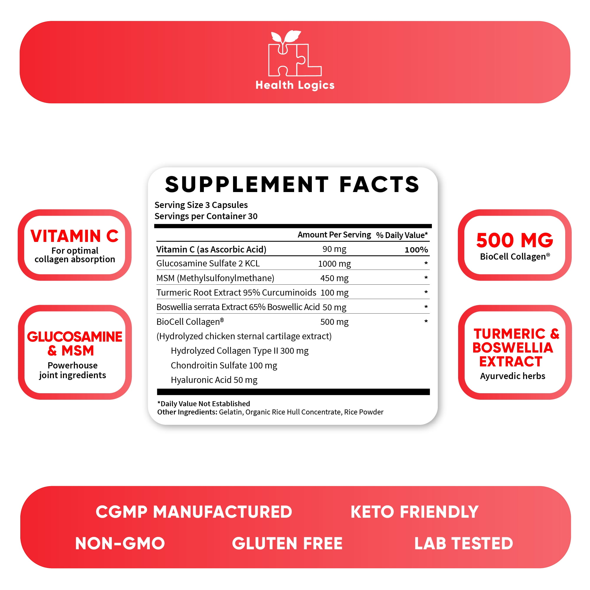 Health Logics Healthy Joints | Joint Supplement with BioCell Collagen, Glucosamine, MSM, Vitamin C, Turmeric Extract 95% Curcuminoids, Boswellia Serrata | Support Joint Comfort | Non-GMO | 90 Capsules