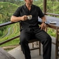 thumbnail image 6 of SOOMLON Beach Outfits for Men Big and Tall Collared Button up Shirts Drawstring Pants with Pockets 2 Piece Vacation Sets, 6 of 9