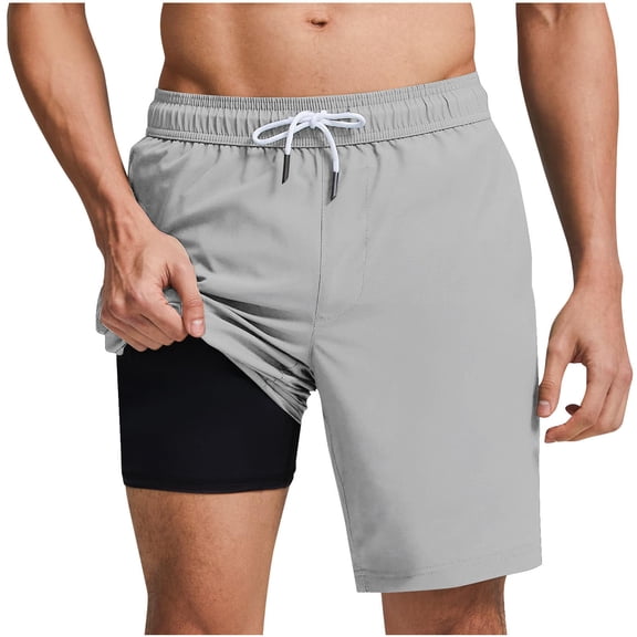 LEKWK Mens Swim Trunks Elastic Waist Drawstring 2 In 1 Compression Liner Board Shorts Solid Color Quick-Dry Beach Shorts Breathable Summer Pool Outfits